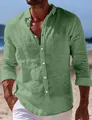 Men's casual long sleeve linen shirt in sage green with lapel collar for summer beach - Green