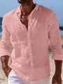 Stylish casual men's long sleeve linen-textured shirt in soft light pink color - Pink