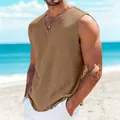 Men's cotton linen sleeveless V-neck vest in tan, ideal for summer beach casual wear. - Coffee