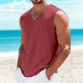 Casual men's maroon cotton linen sleeveless V-neck tank top for summer beach wear - Burgundy