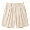Ademende beige katoenen linnen herenshort met plooien in een ontspannen rechte pasvorm - S / Abrikoos