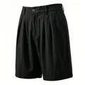 Gedetailleerd overzicht van zwarte geplooide linnen herenshorts van ademende stof - S / Bottoms / Zwart