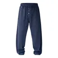 Comfortable men's waffle knit lounge pants with drawstring and buttons in navy blue - S / Bottoms / Navy Blue