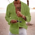 Men's casual summer beach long sleeve linen shirt in vibrant lime green color - Yellow-Green