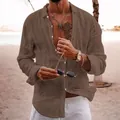 Men's casual brown long-sleeve linen beach shirt for summer holiday and Hawaii vacation - Red Brown