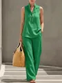 Green sleeveless linen top with buttons and casual wide-leg trousers set for summer - S / Top And Bottom / Green