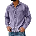 Detail of a men's washed purple denim shirt showing the texture and chest pocket style - Purple