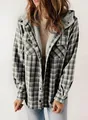 Detailed view of women's oversized plaid hooded jacket with warm grey fleece lining - Gray