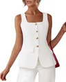 Close-up of white square neck vest with single-breasted gold buttons and pockets - S / Tops / White