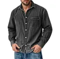 Detail shot of men's washed black denim shirt with chest pocket and white buttons. - Charcoal Black