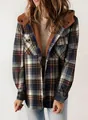 Close-up of women's loose plaid coat with warm brown sherpa lining and hooded design. - Brown