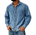 Front view of men's long-sleeve denim shirt with chest pocket and vintage wash finish - Light Blue