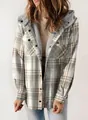 Macro view of women's hooded plaid jacket with warm grey fleece lining and button detail - Light Gray
