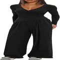Detail view of women's black two-piece lounge set with V-neck long sleeve top and wide leg pants - Black
