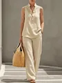 Elegant two-piece linen set featuring sleeveless buttoned top and wide-leg trousers - S / Top And Bottom / Apricot