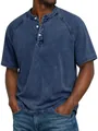 Close-up of vintage washed blue cotton Henley shirt with button placket and faded texture. - Dark Blue
