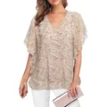 Close-up of a floral V-neck blouse with flutter sleeves and lightweight fabric texture - S / Tops / Apricot