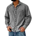 Detail view of a vintage washed grey long-sleeve denim shirt for men in workwear style. - Gray