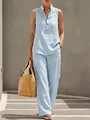 Full view of light blue linen sleeveless top and wide-leg pants set for summer outfits - S / Top And Bottom / Sky Blue