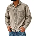 Detailed view of a vintage washed long-sleeve men's denim work shirt in khaki - Khaki