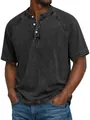 Detail view of men's vintage washed black cotton Henley shirt with raglan sleeves - Black