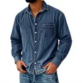 Close-up of a vintage washed blue denim long-sleeved shirt with a chest pocket - S / Tops / Dark Blue