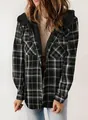 Detailed view of women's casual black and white plaid hooded jacket with warm fleece lining - Black