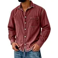 Close-up view of vintage washed burgundy denim shirt featuring classic workwear pocket - S / Tops / Burgundy