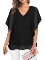 Detail of elegant black chiffon V-neck blouse with loose flutter sleeves for women - S / Tops / Black