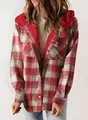Women's cozy red plaid hooded jacket featuring fuzzy fleece lining and buttoned front pockets. - S / Tops / Red