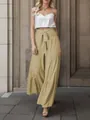 Eleganti pantaloni kaki a vita alta con gamba larga e dettaglio cintura a fiocco - Taglia S / Pantaloni e gonne / Albicocca