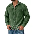 Detail of a men's vintage washed green long-sleeve denim work shirt with pocket - S / Tops / Dark Green