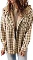 Close-up of women's plaid hooded jacket featuring warm fleece lining and chest pockets - S / Tops / Khaki