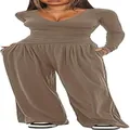 Women's brown two-piece lounge set featuring a V-neck long sleeve top and wide leg pants - XS / Top And Bottom / Khaki