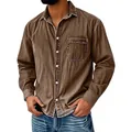 Vintage washed brown denim long sleeve shirt for men with classic workwear pocket detail - S / Tops / Brown