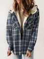 Close-up of women's blue plaid hooded jacket with warm faux shearling lining - S / Tops / Blue