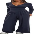 Full view of women's two-piece casual set with V-neck wrap top and wide-leg trousers - Navy Blue