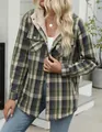 Detailed view of women's loose plaid hooded jacket with cozy fleece lining for winter - S / Tops / Green