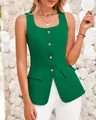 Detail of green sleeveless button-up vest with square neck and flap pocket accents. - S / Tops / Green