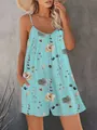 Stylish light blue floral print sleeveless V-neck romper with pockets for women. - S / Lake Blue
