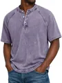 Close-up of vintage washed cotton Henley shirt showing fabric texture and buttons - Purple