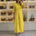 Elegant yellow linen two-piece set featuring long-sleeve shirt and wide-leg trousers - S / Top And Bottom / Yellow