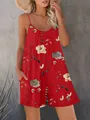 Elegant red floral sleeveless V-neck romper with pockets for a summer casual look - S / Red