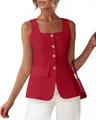 Close-up of women's red square neck vest showing gold buttons and pocket details - Red