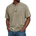 Men's vintage washed cotton Henley t-shirt with distressed finish in olive green - S / Tops / Light Khaki