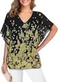 Detail van een bloemenblouse met V-hals en elegante vlindermouwen met ruches voor dames. - S / Tops / Geel Bloemen
