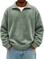 Detail of men's half-zip distressed sweatshirt in sage green with polo collar - Light Green
