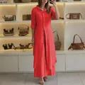 Elegant red linen two-piece set featuring long-sleeved shirt and wide-leg trousers for women - S / Top And Bottom / Red