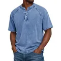 Men's vintage washed blue cotton Henley shirt with short raglan sleeves and 3 buttons. - S / Tops / Light Blue