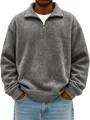 Close-up of men's grey distressed half-zip sweatshirt with relaxed collar fit - S / Tops / Dark Gray